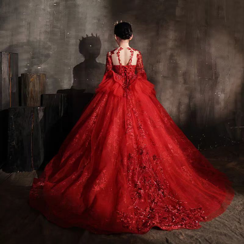 Jill Luxury Red Crystal Birthday Party Girl Dress Long Sleeve J335