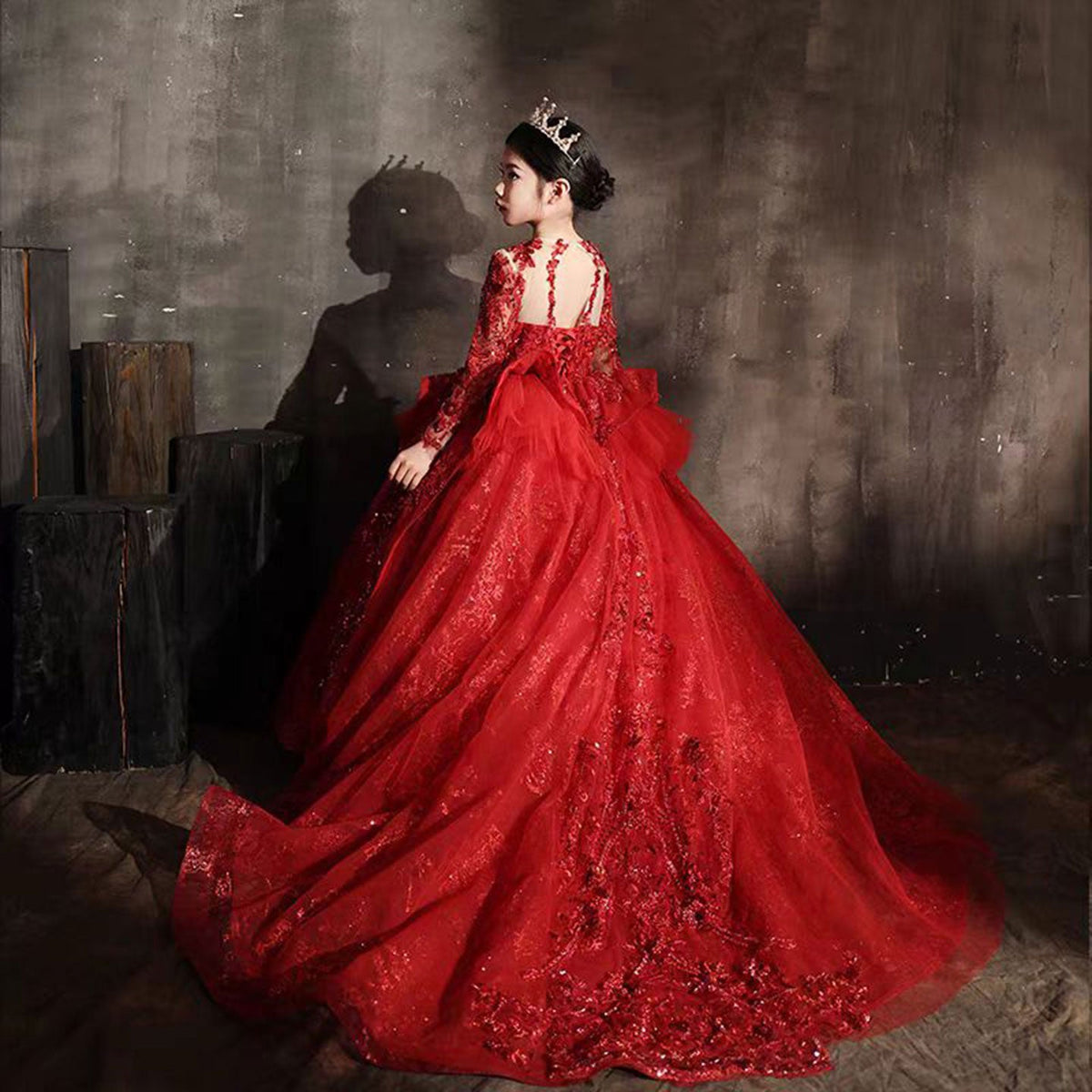 Jill Luxury Red Crystal Birthday Party Girl Dress Long Sleeve J335