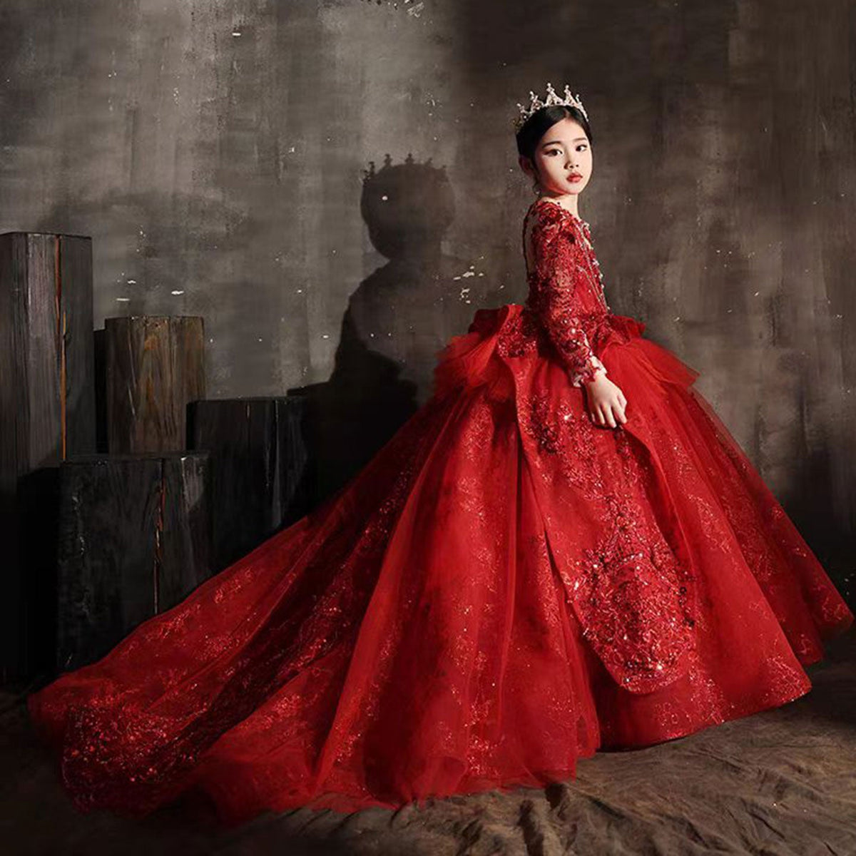 Jill Luxury Red Crystal Birthday Party Girl Dress Long Sleeve J335