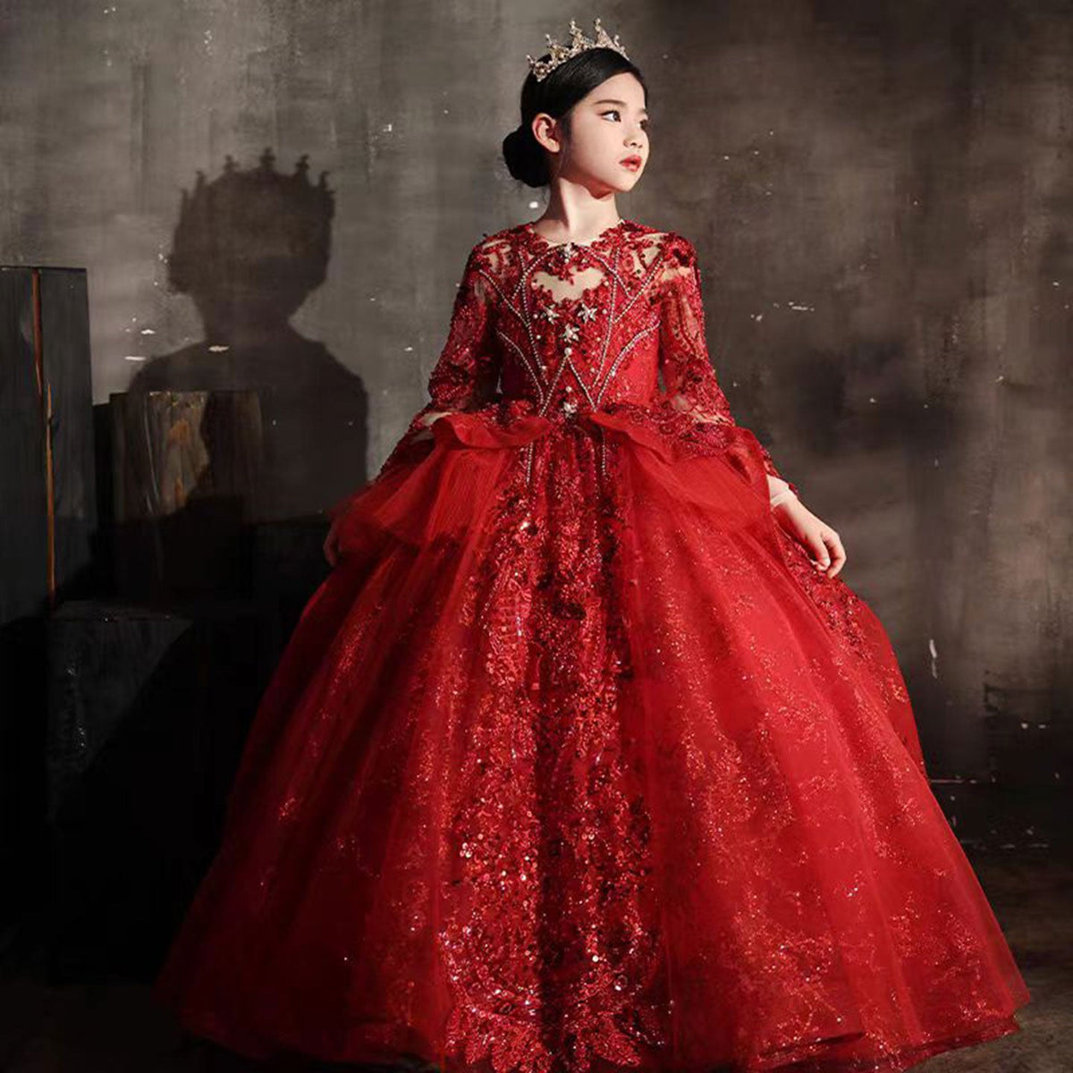 Jill Luxury Red Crystal Birthday Party Girl Dress Long Sleeve J335