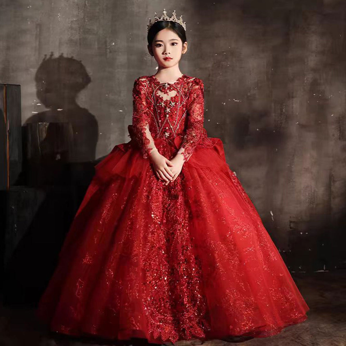 Jill Luxury Red Crystal Birthday Party Girl Dress Long Sleeve J335
