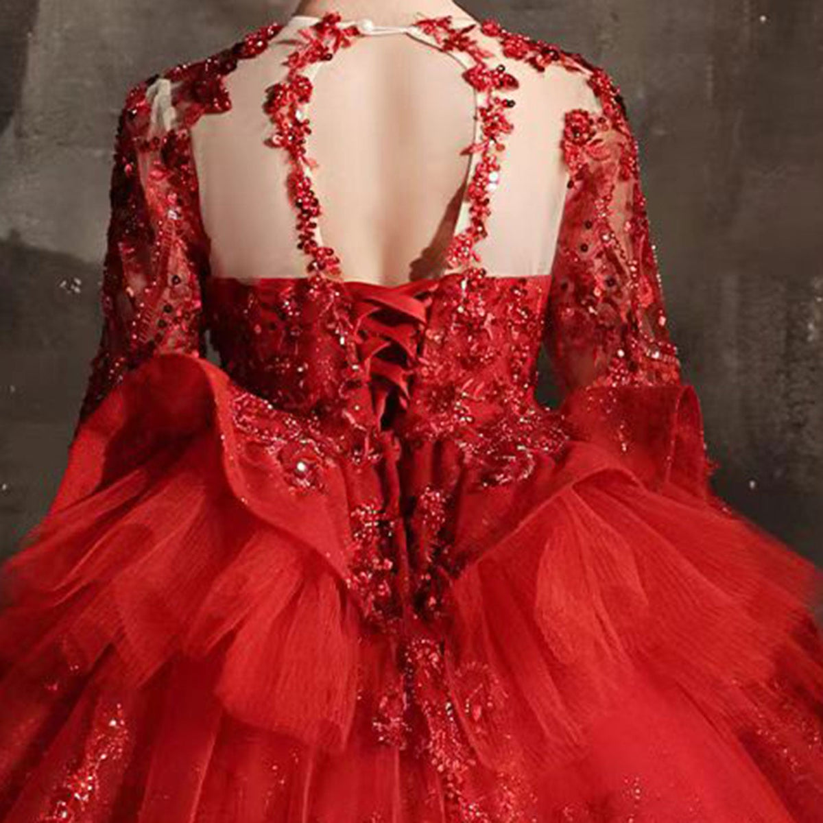 Jill Luxury Red Crystal Birthday Party Girl Dress Long Sleeve J335