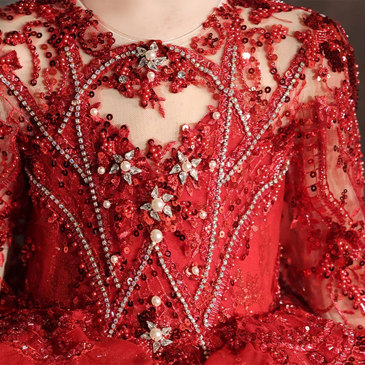 Jill Luxury Red Crystal Birthday Party Girl Dress Long Sleeve J335