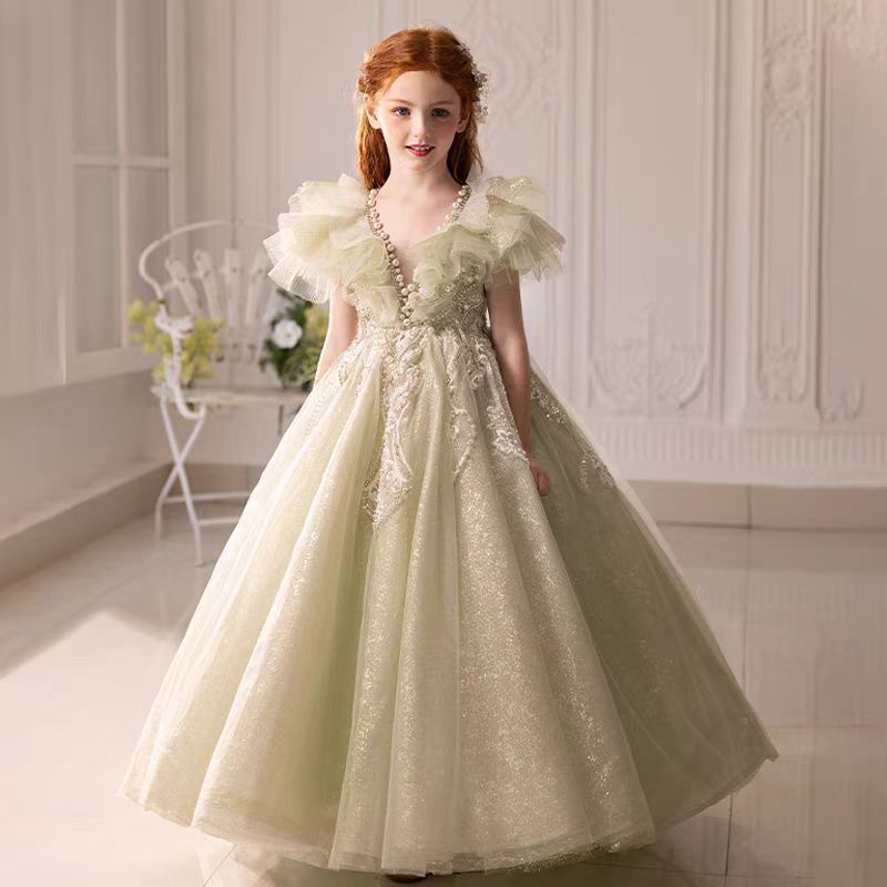 Jill Luxury Sage Green Girl Dress Beaded for kids Birthday Pageant Party J360