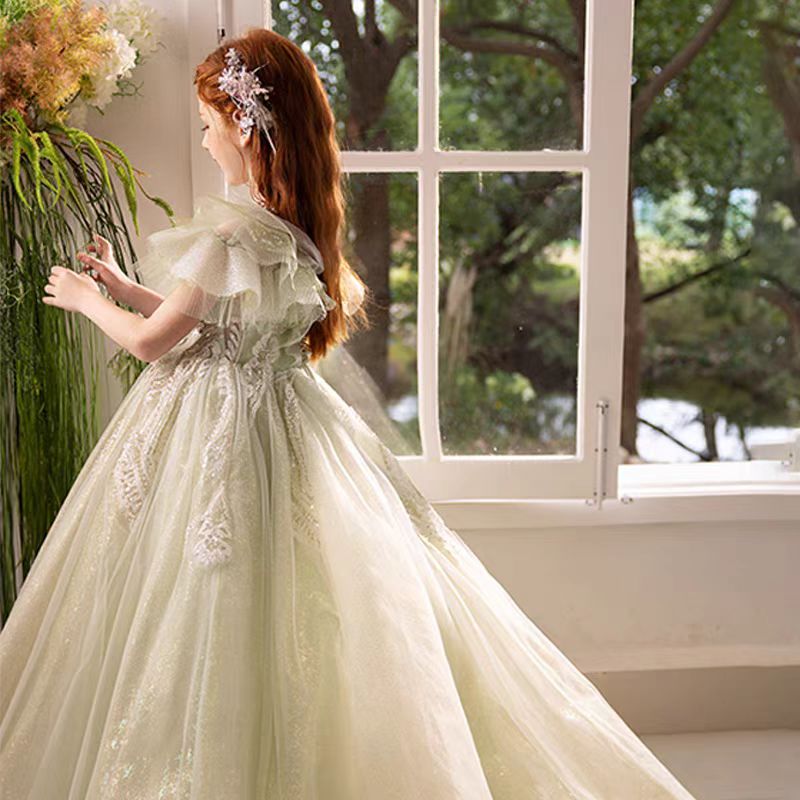 Jill Luxury Sage Green Girl Dress Beaded for kids Birthday Pageant Party J360