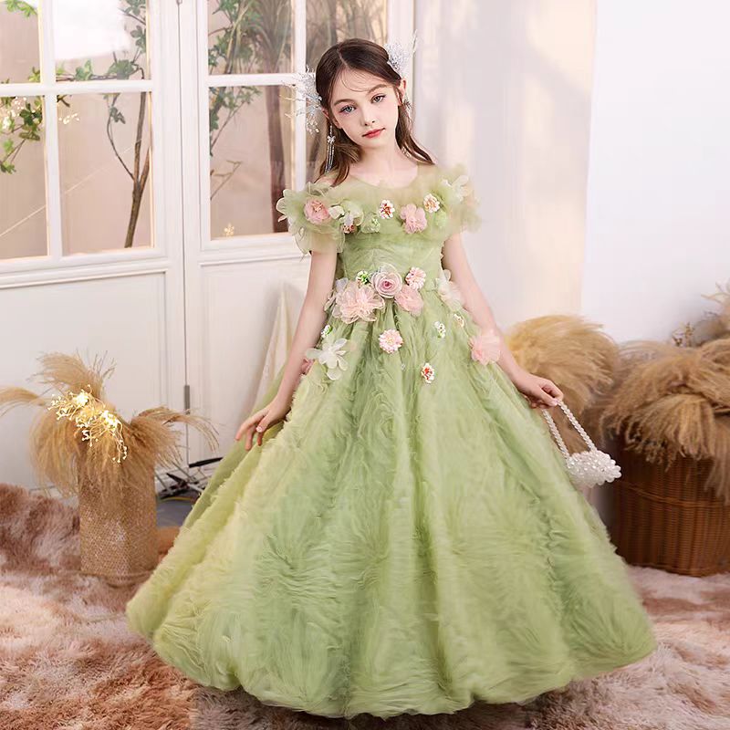 Jill Luxury Sage Green Girl Dress with Flowers Bitrthday Party Gown J190