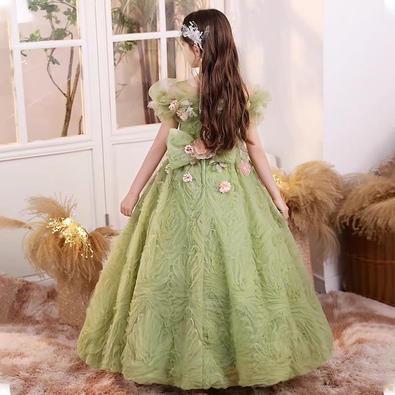 Jill Luxury Sage Green Girl Dress with Flowers Bitrthday Party Gown J190