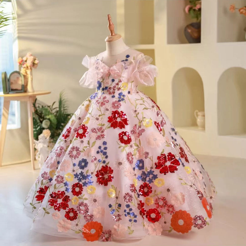 Jill Luxury Sequined Floral Long Birthday Girl Dress J236