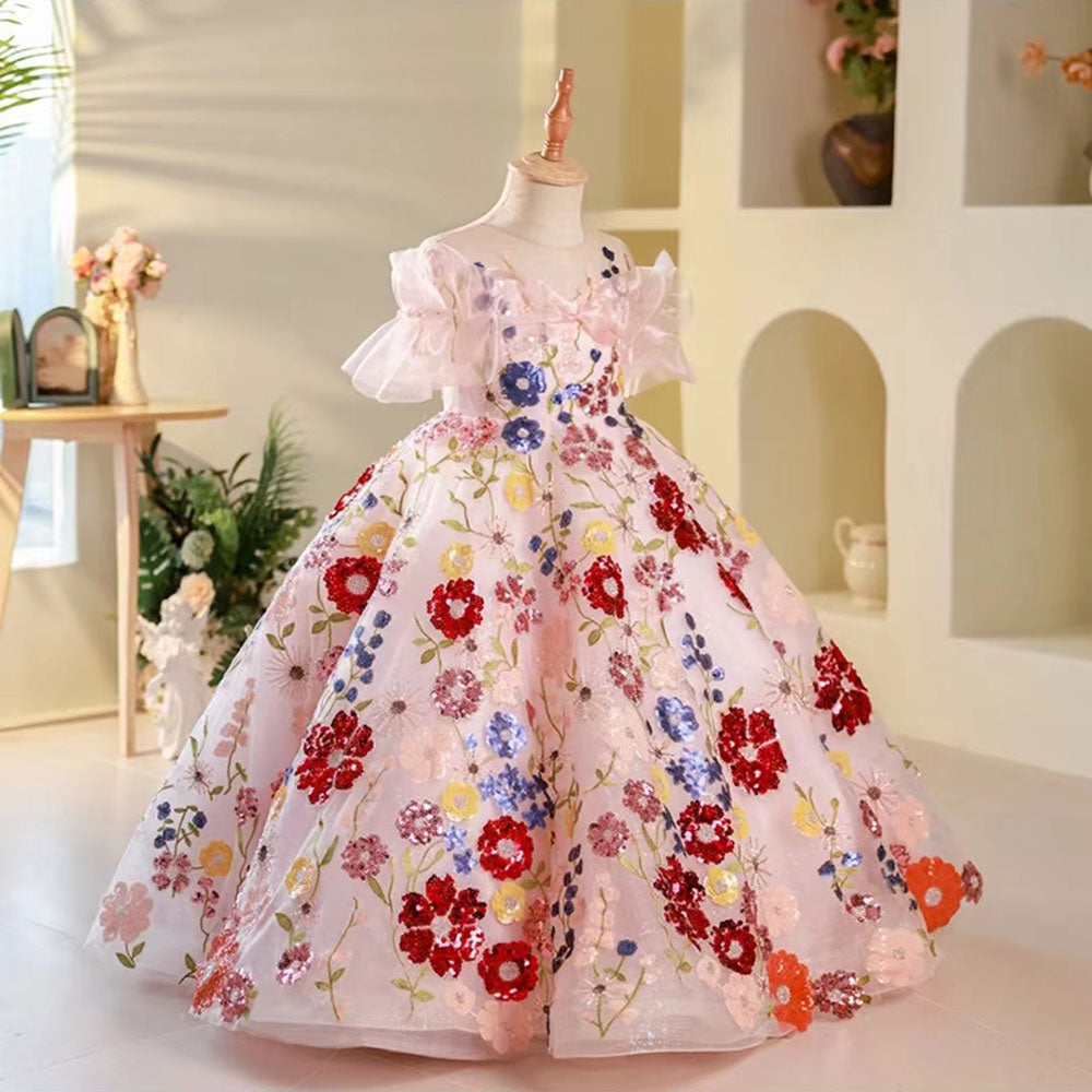 Jill Luxury Sequined Floral Long Birthday Girl Dress J236