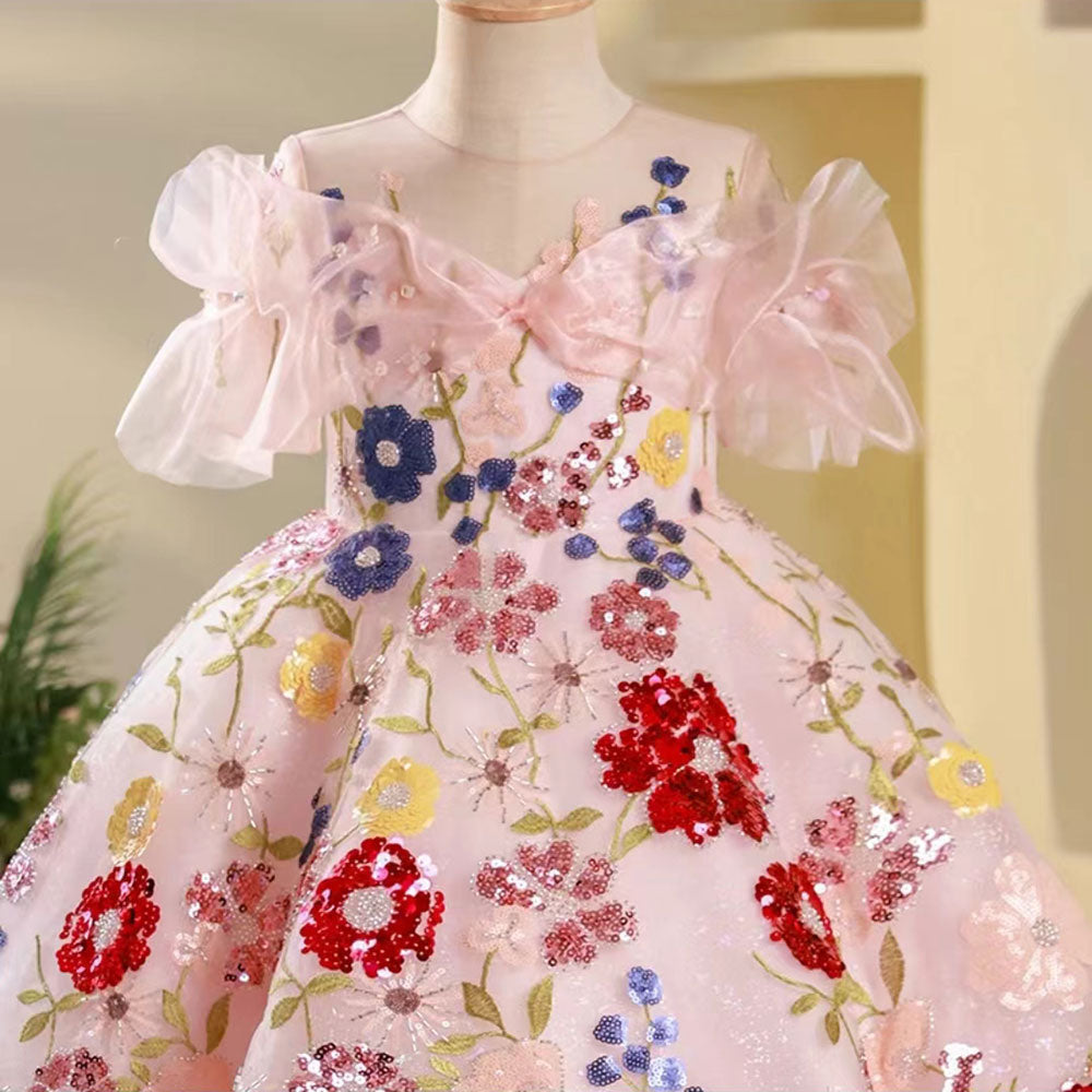 Jill Luxury Sequined Floral Long Birthday Girl Dress J236