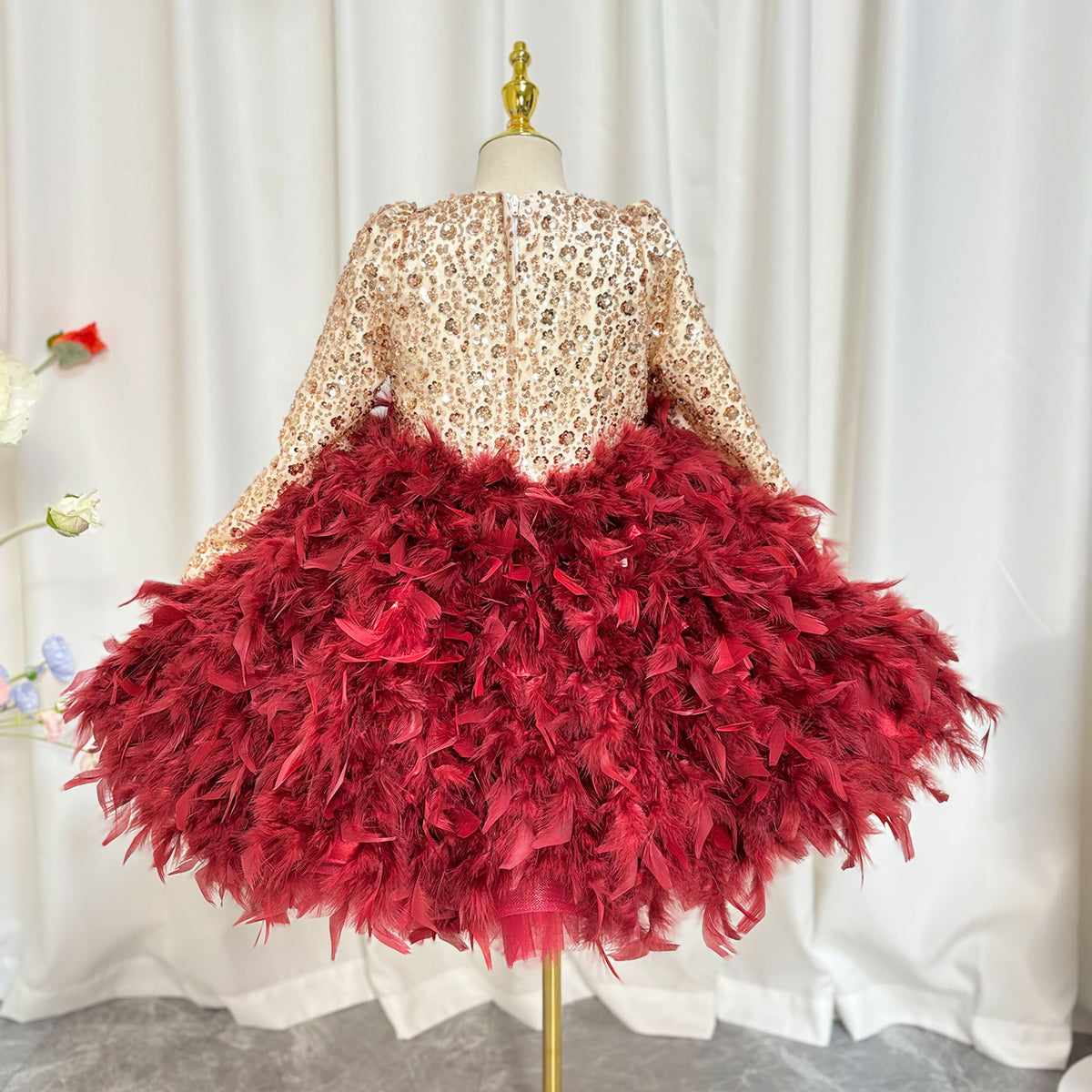 Jill Luxury Sequins Burgundy Beading Long Sleeve Girl Dress J109