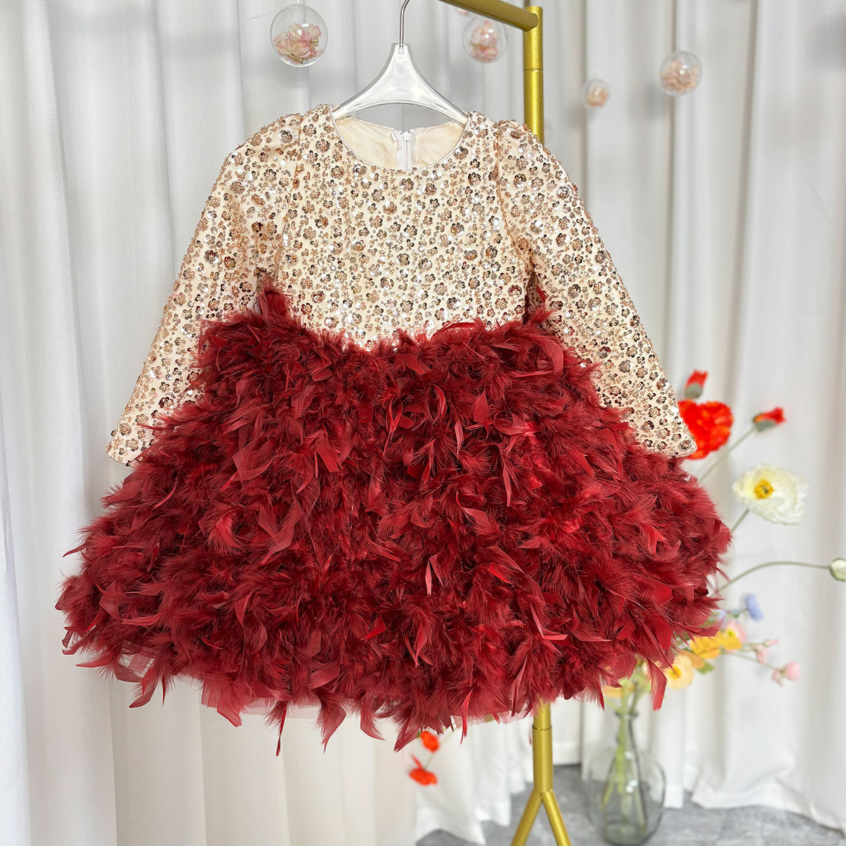 Jill Luxury Sequins Burgundy Beading Long Sleeve Girl Dress J109