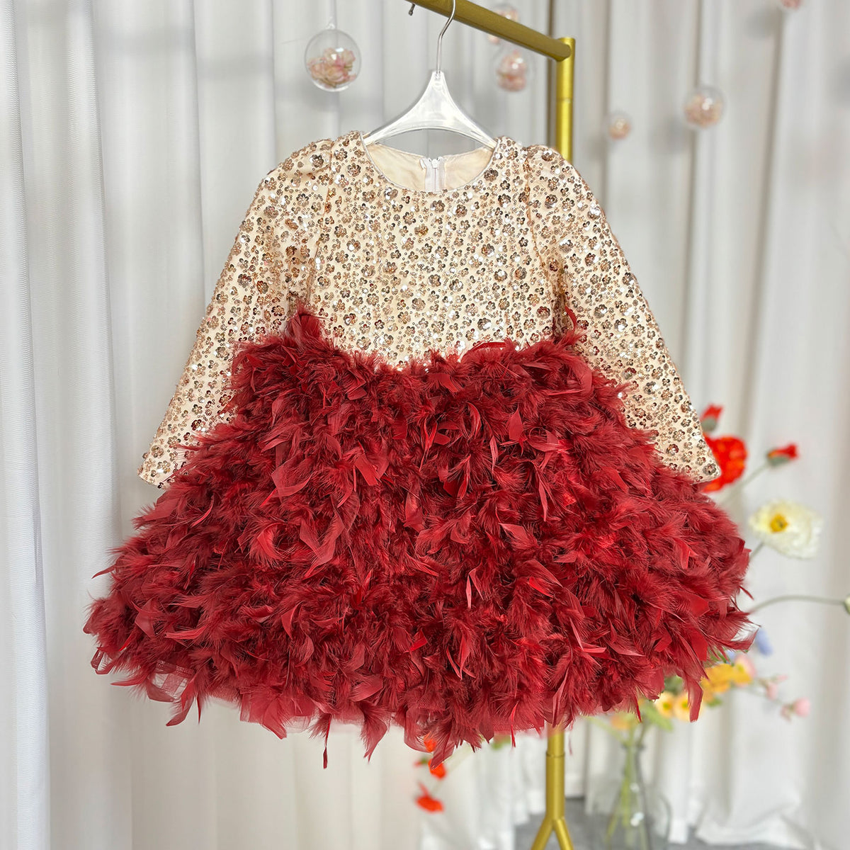 Jill Luxury Sequins Burgundy Beading Long Sleeve Girl Dress J109