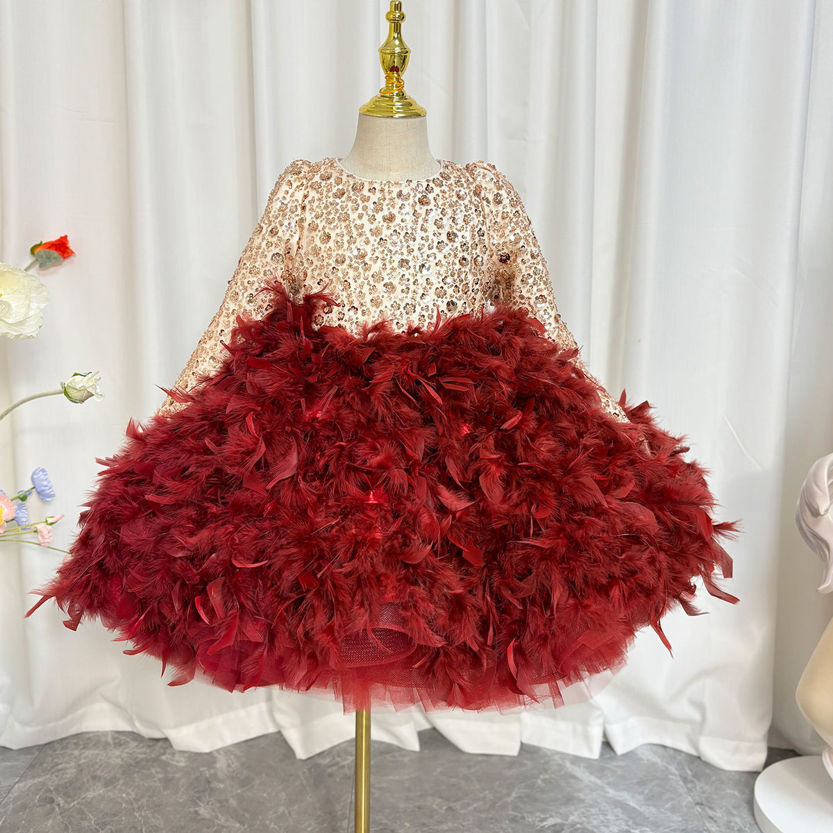 Jill Luxury Sequins Burgundy Beading Long Sleeve Girl Dress J109