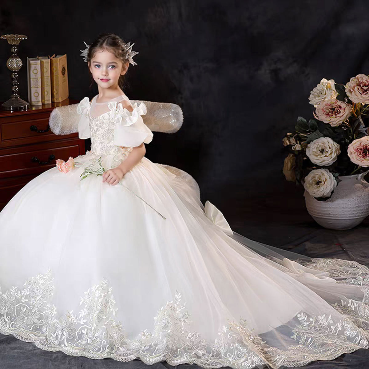Jill Luxury White Flower Girl Dress Appliques with Bow J346