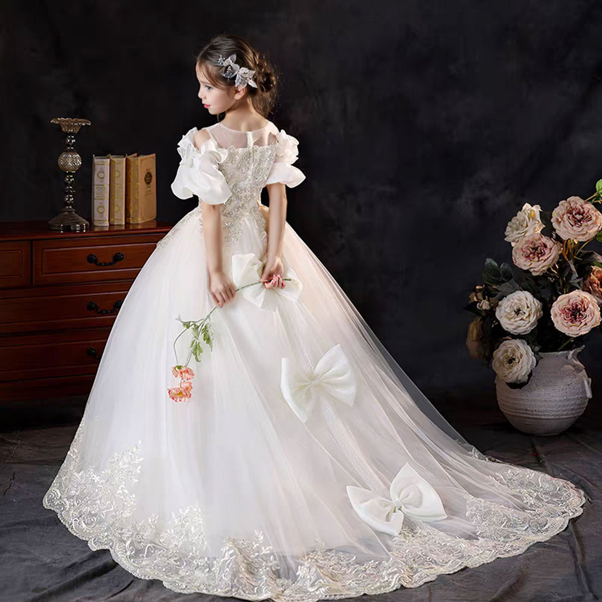 Jill Luxury White Flower Girl Dress Appliques with Bow J346