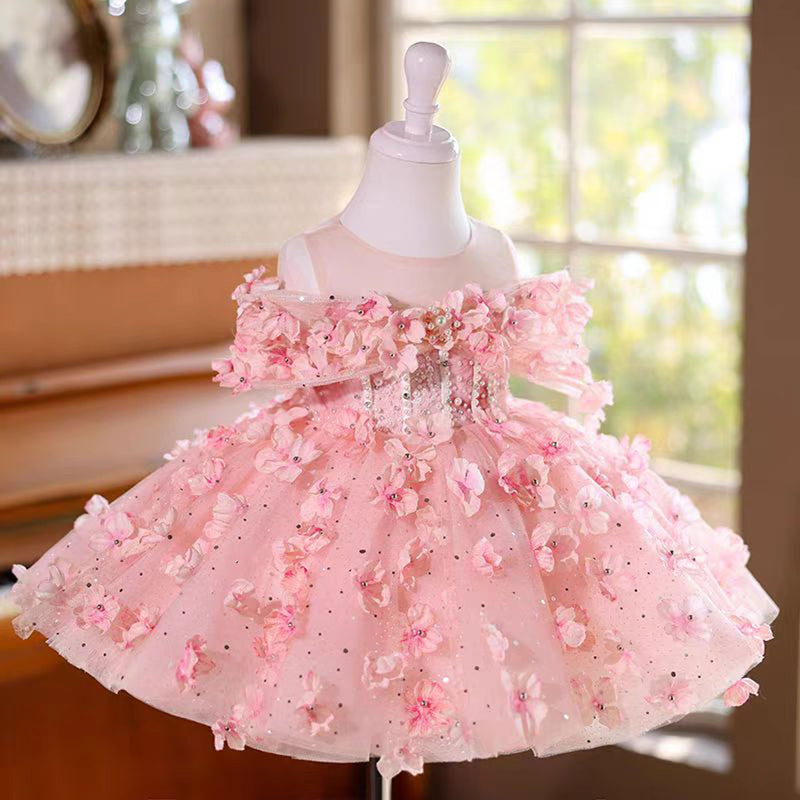 Jill Pink 3D Flowers Girl Dress Toddler Kids 1st Birthday Party Gown J489