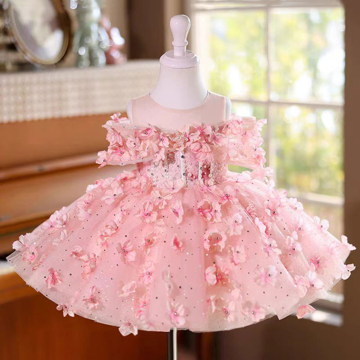 Jill Pink 3D Flowers Girl Dress Toddler Kids 1st Birthday Party Gown J489