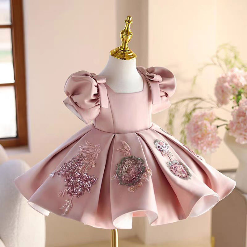 Jill Pink Appliques Flower Girl Dress for Princess Kids 1st Birthday Party J483