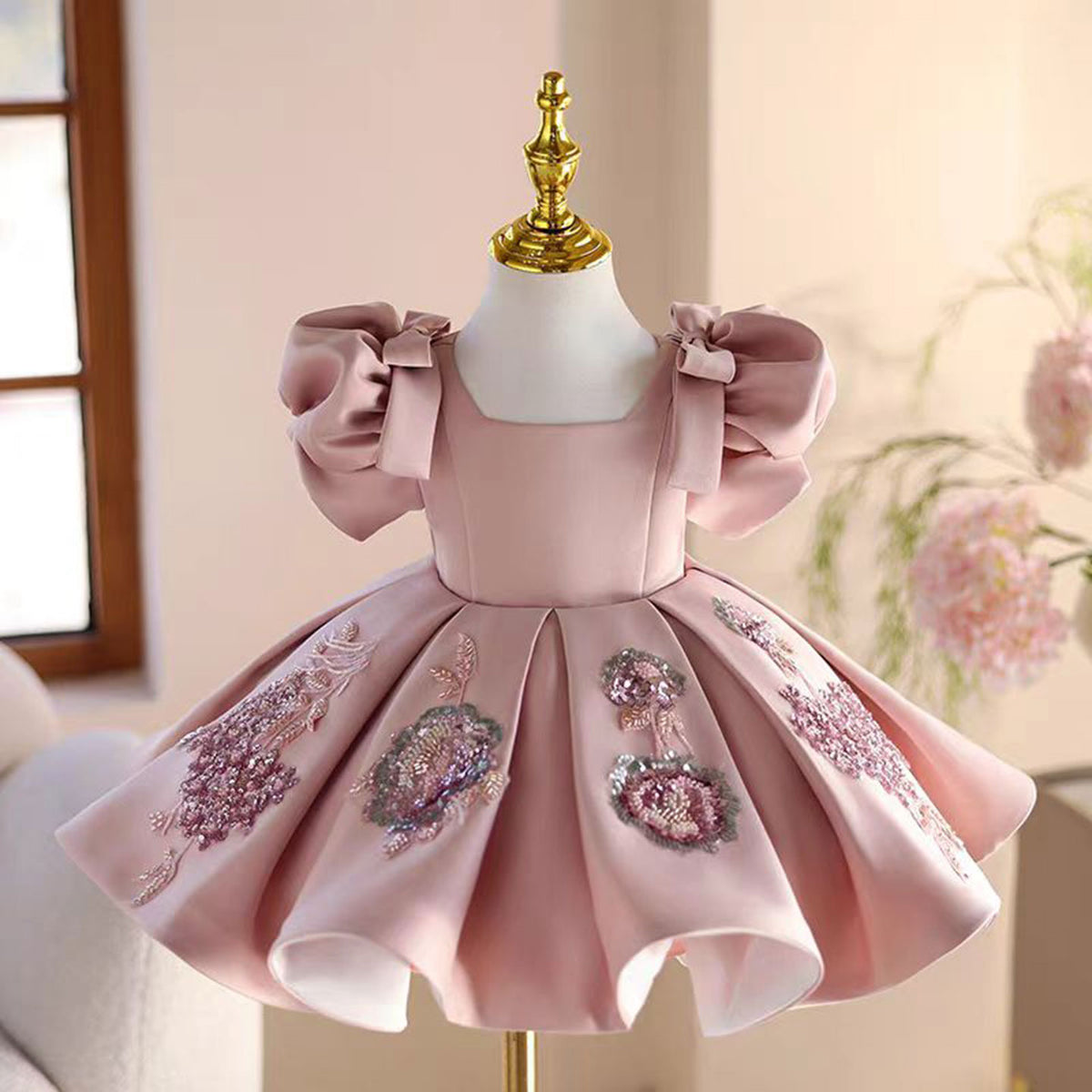 Jill Pink Appliques Flower Girl Dress for Princess Kids 1st Birthday Party J483