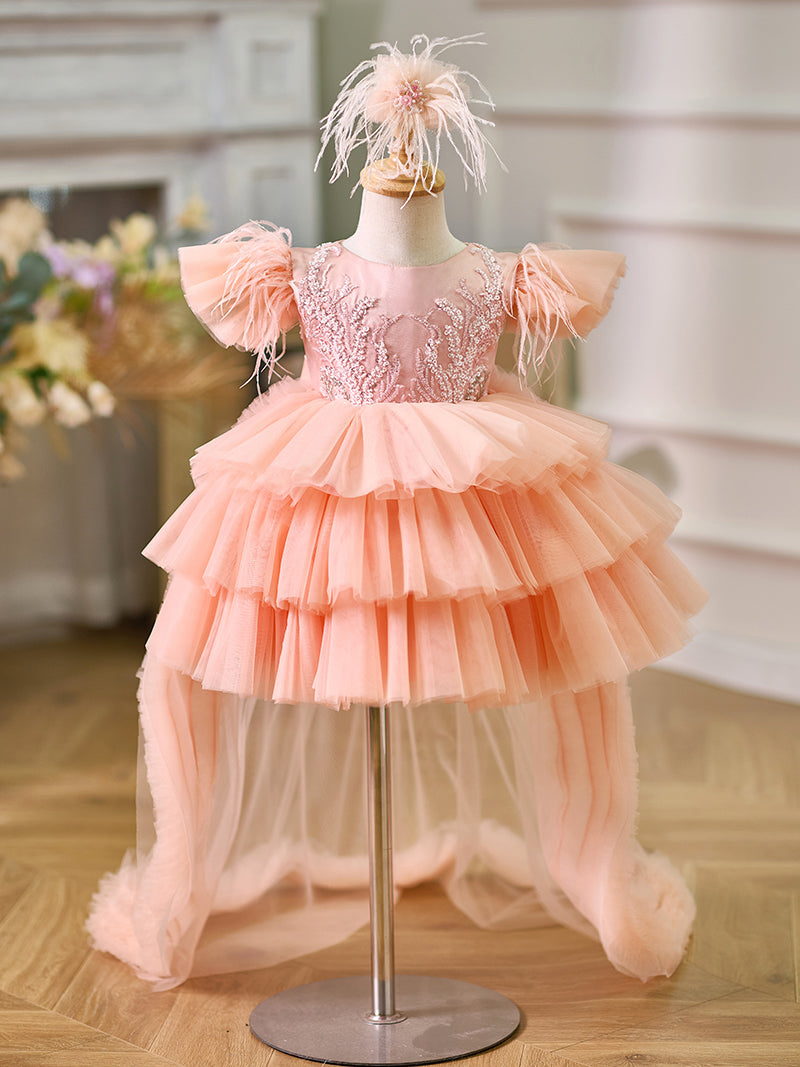 Jill Pink Baby Puffy Sleeve Beads Knee Length Birthday Girl Dress J045