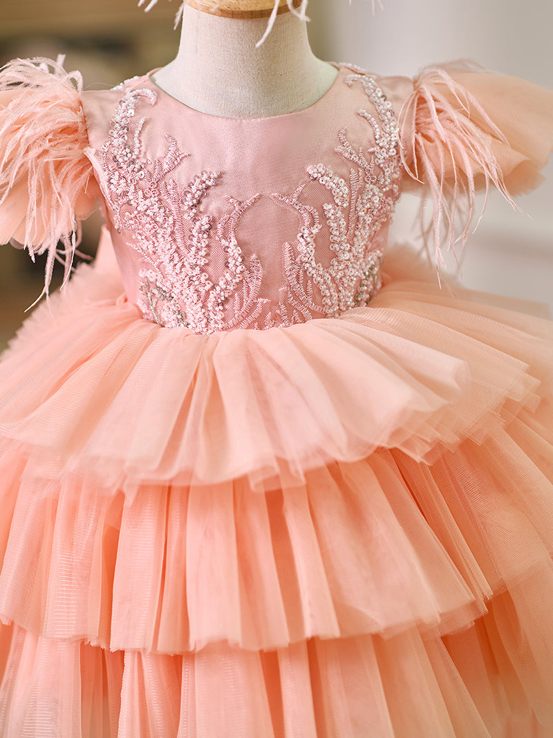 Jill Pink Baby Puffy Sleeve Beads Knee Length Birthday Girl Dress J045