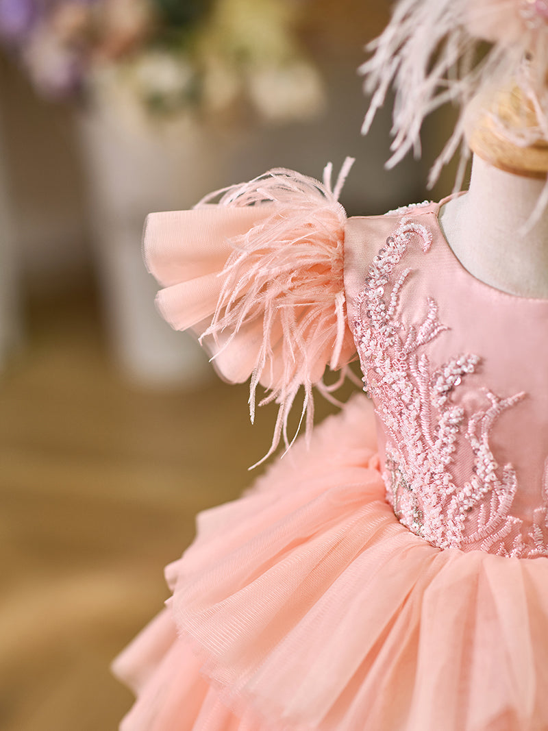 Jill Pink Baby Puffy Sleeve Beads Knee Length Birthday Girl Dress J045