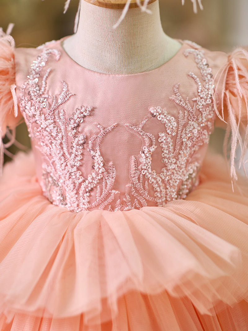 Jill Pink Baby Puffy Sleeve Beads Knee Length Birthday Girl Dress J045