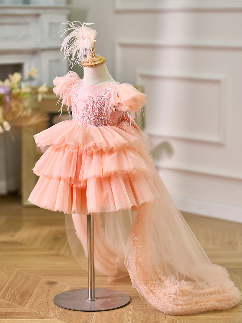 Jill Pink Baby Puffy Sleeve Beads Knee Length Birthday Girl Dress J045