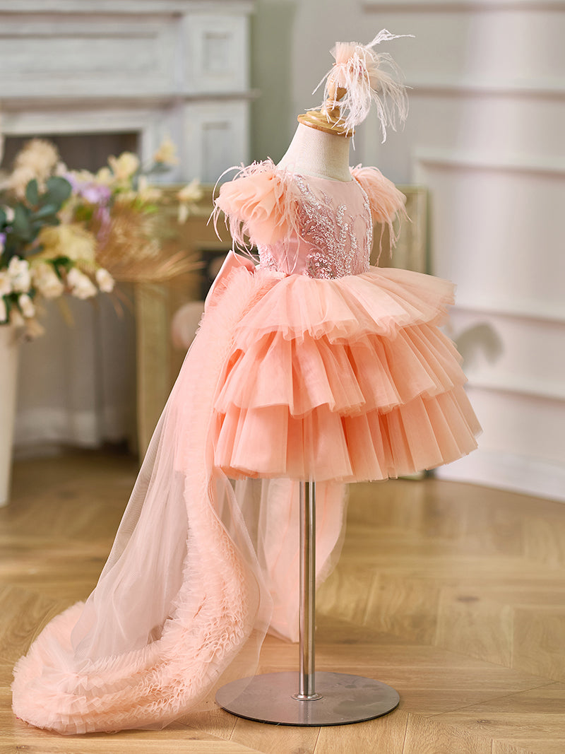 Jill Pink Baby Puffy Sleeve Beads Knee Length Birthday Girl Dress J045