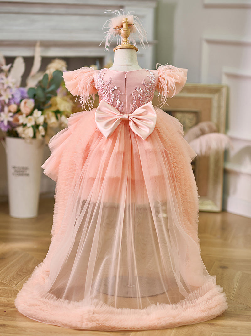 Jill Pink Baby Puffy Sleeve Beads Knee Length Birthday Girl Dress J045