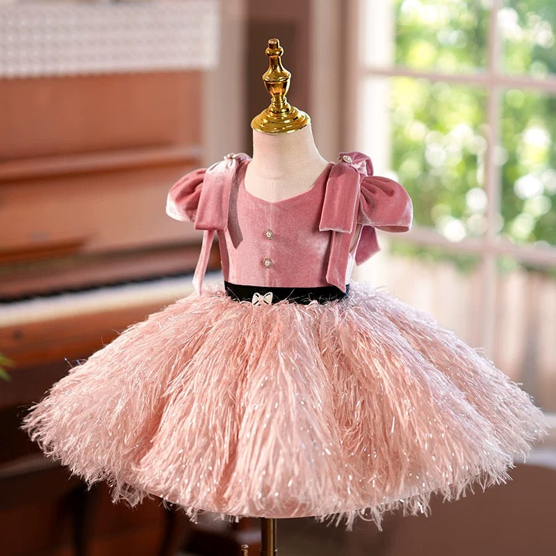 Jill Pink Feathers Toddler Birthday Party Flower Girl Dress J419