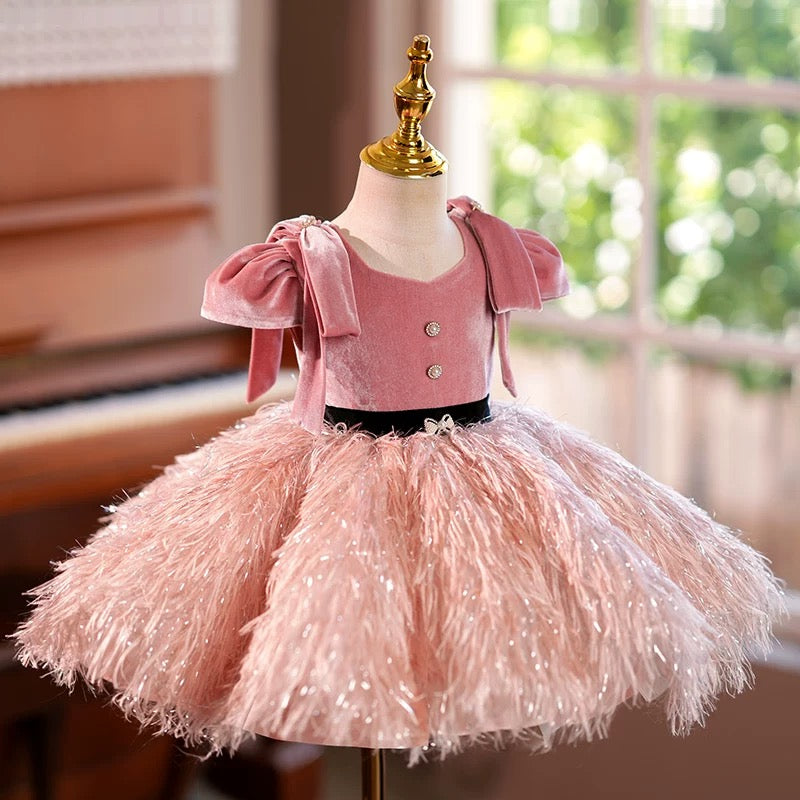 Jill Pink Feathers Toddler Birthday Party Flower Girl Dress J419