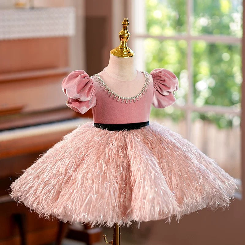 Jill Pink Feathers Toddler Birthday Party Flower Girl Dress J419