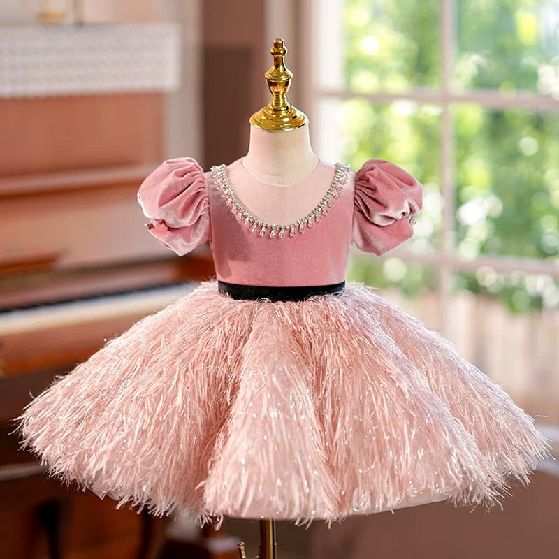 Jill Pink Feathers Toddler Birthday Party Flower Girl Dress J419