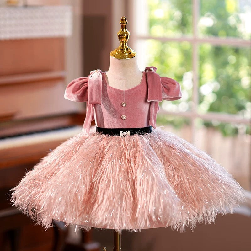 Jill Pink Feathers Toddler Birthday Party Flower Girl Dress J419