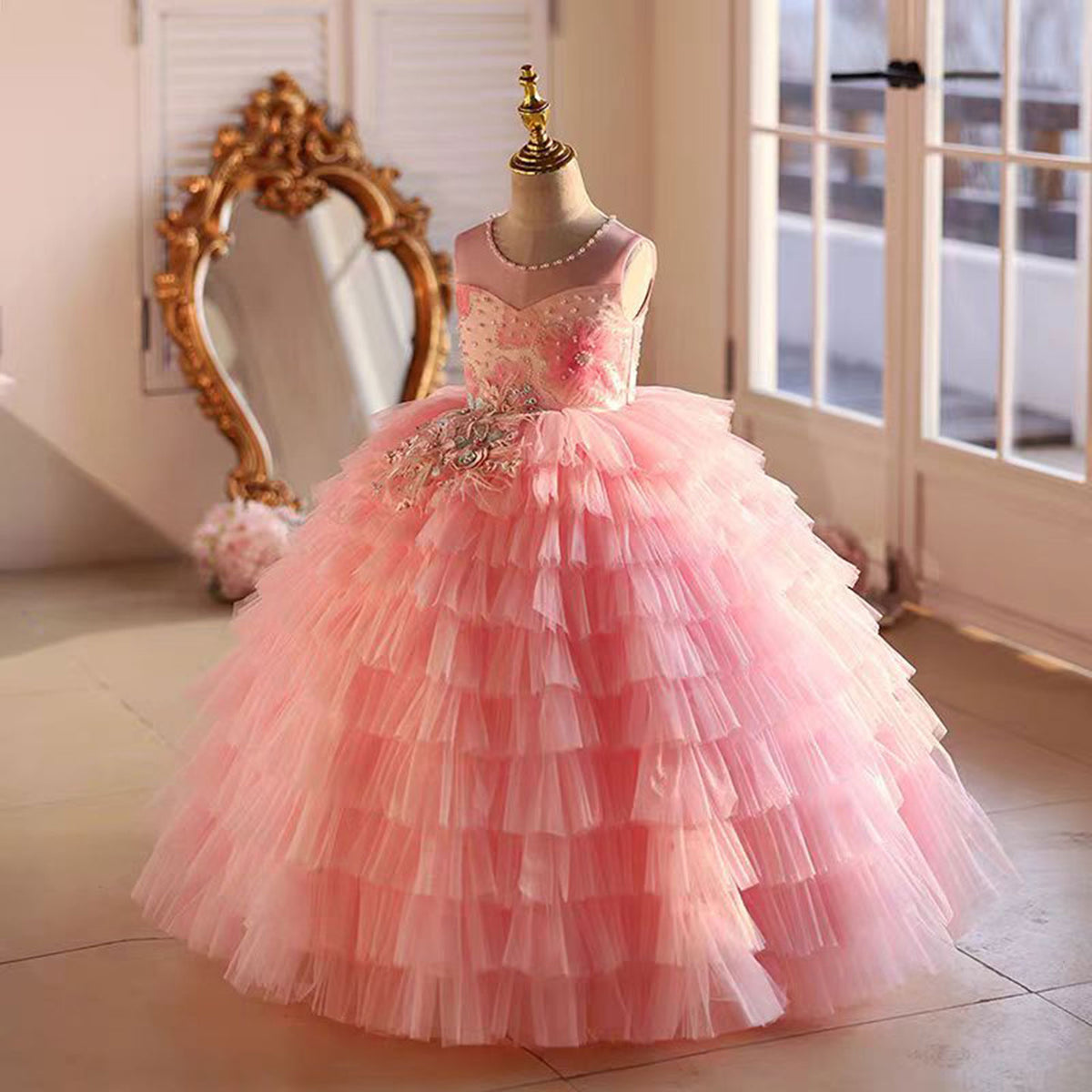 Jill Pink Flower Princess Girl Dress Ankle-length Birthday Party Gown J787