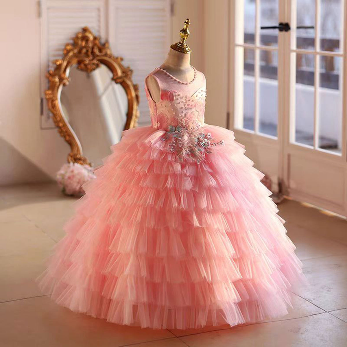 Jill Pink Flower Princess Girl Dress Ankle-length Birthday Party Gown J787
