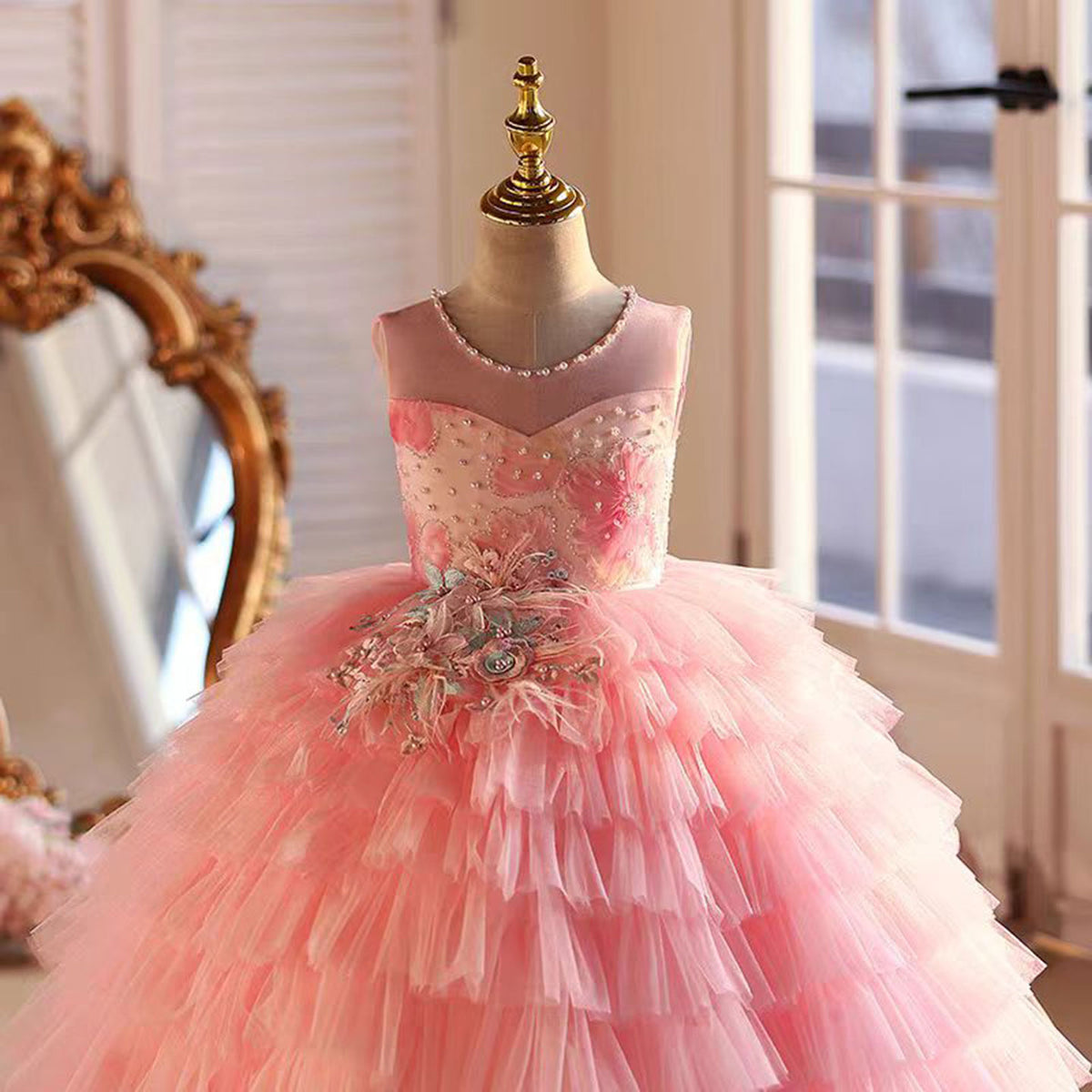Jill Pink Flower Princess Girl Dress Ankle-length Birthday Party Gown J787