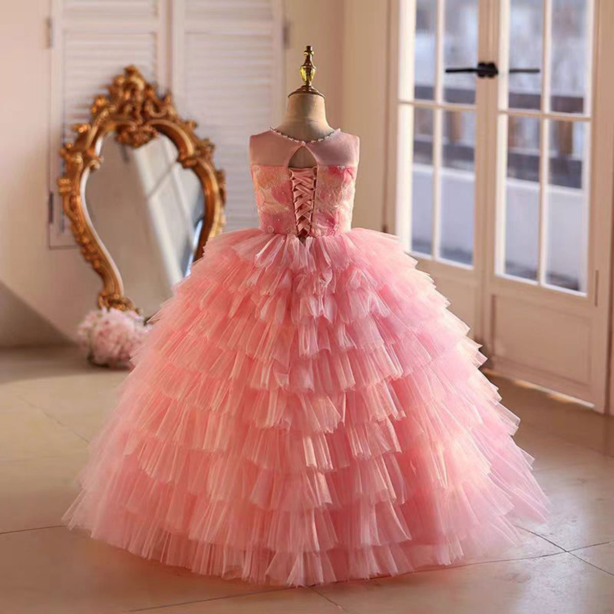 Jill Pink Flower Princess Girl Dress Ankle-length Birthday Party Gown J787