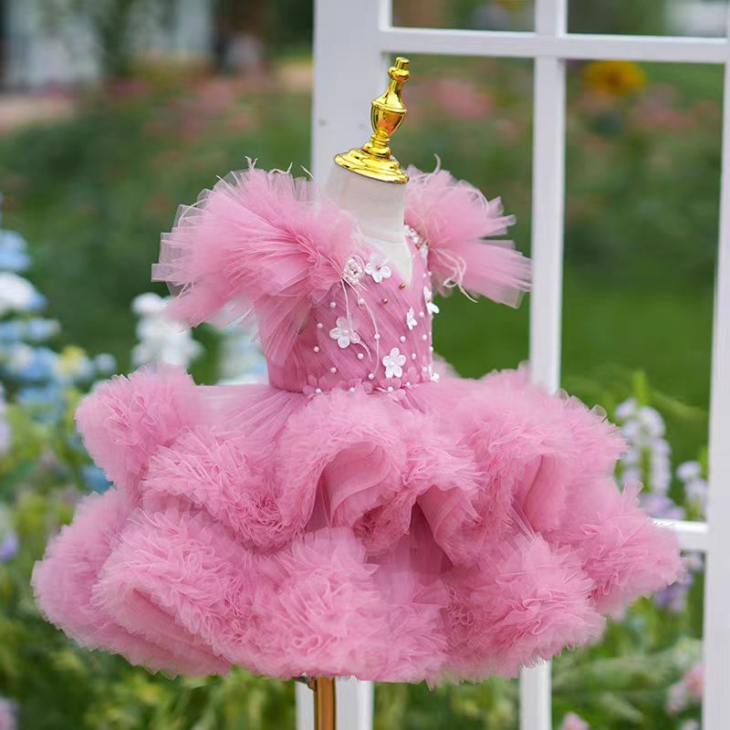 Jill Pink Flowers Knee Length 1st Birthday Party Girl Dress J356