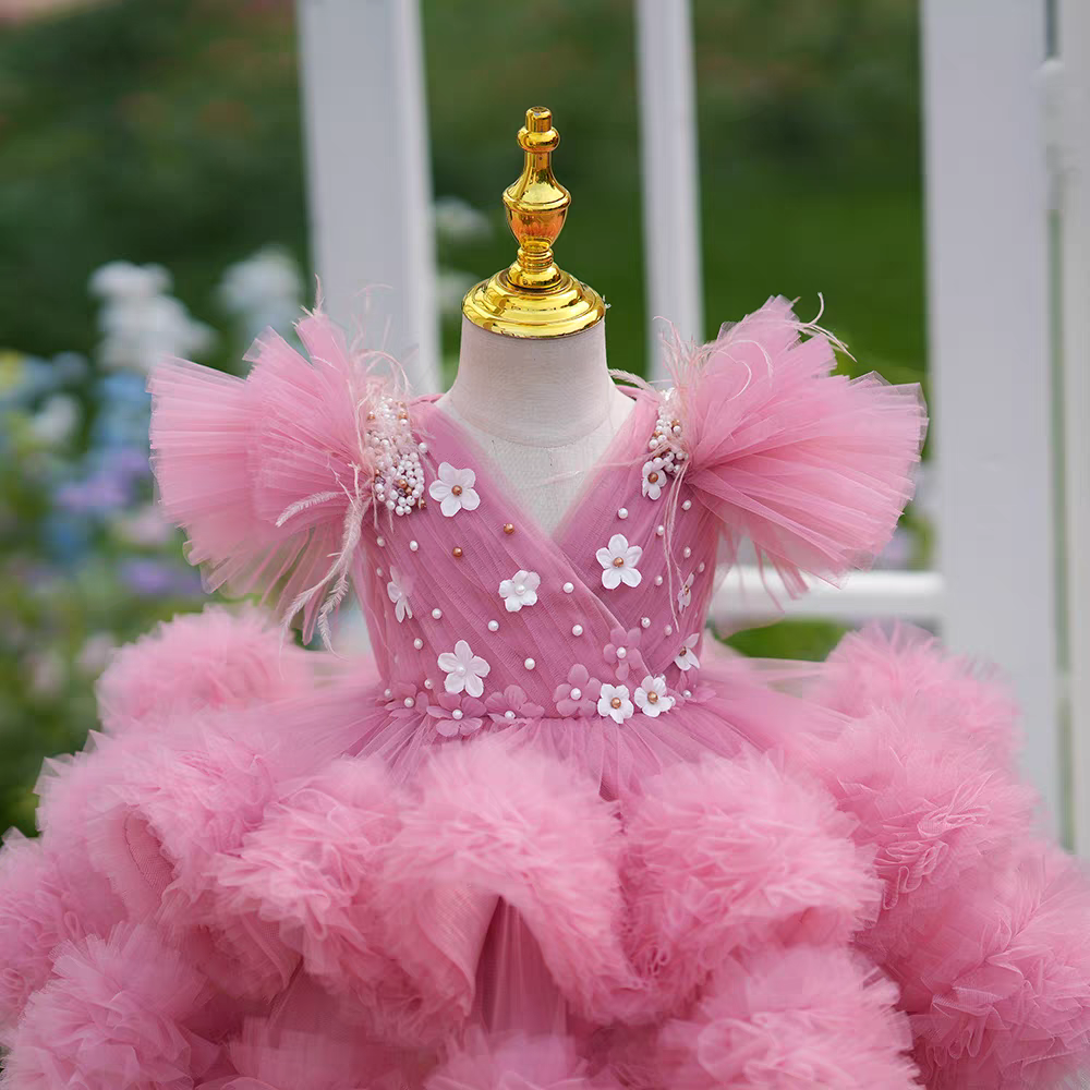 Jill Pink Flowers Knee Length 1st Birthday Party Girl Dress J356