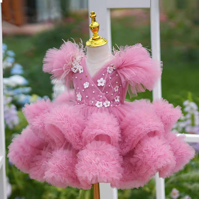 Jill Pink Flowers Knee Length 1st Birthday Party Girl Dress J356