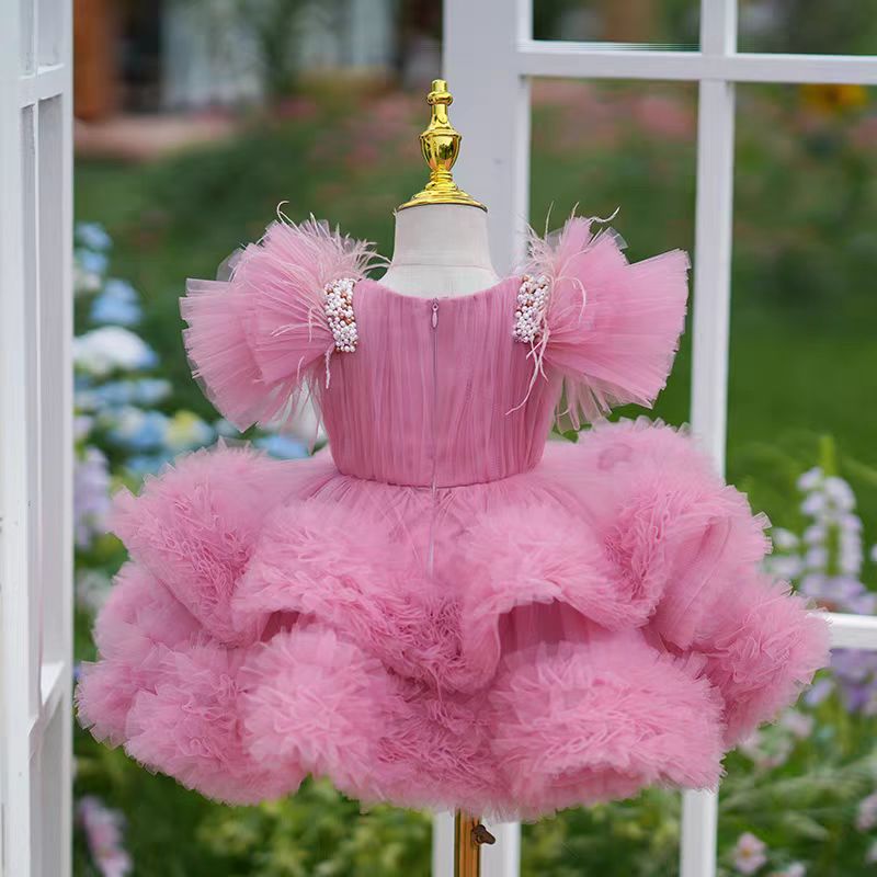 Jill Pink Flowers Knee Length 1st Birthday Party Girl Dress J356