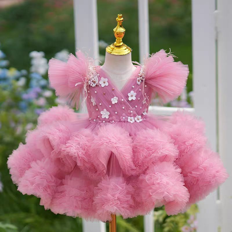 Jill Pink Flowers Knee Length 1st Birthday Party Girl Dress J356