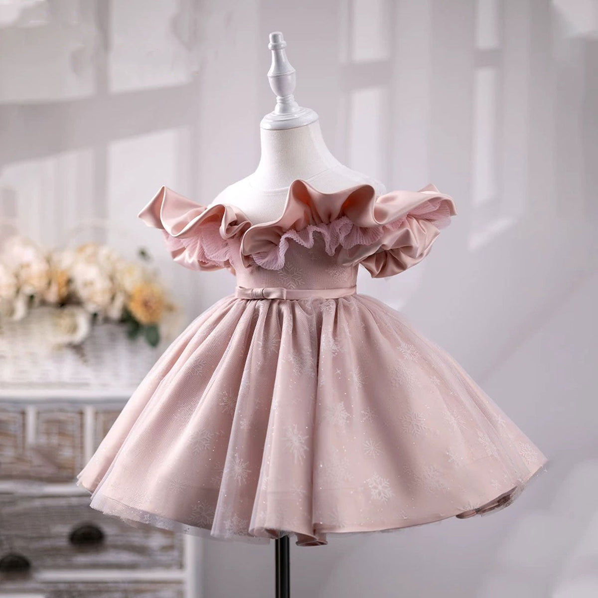 Jill Pink Girl Dress Delicate Ruffled Off-shoulder Party Ball Gown J709