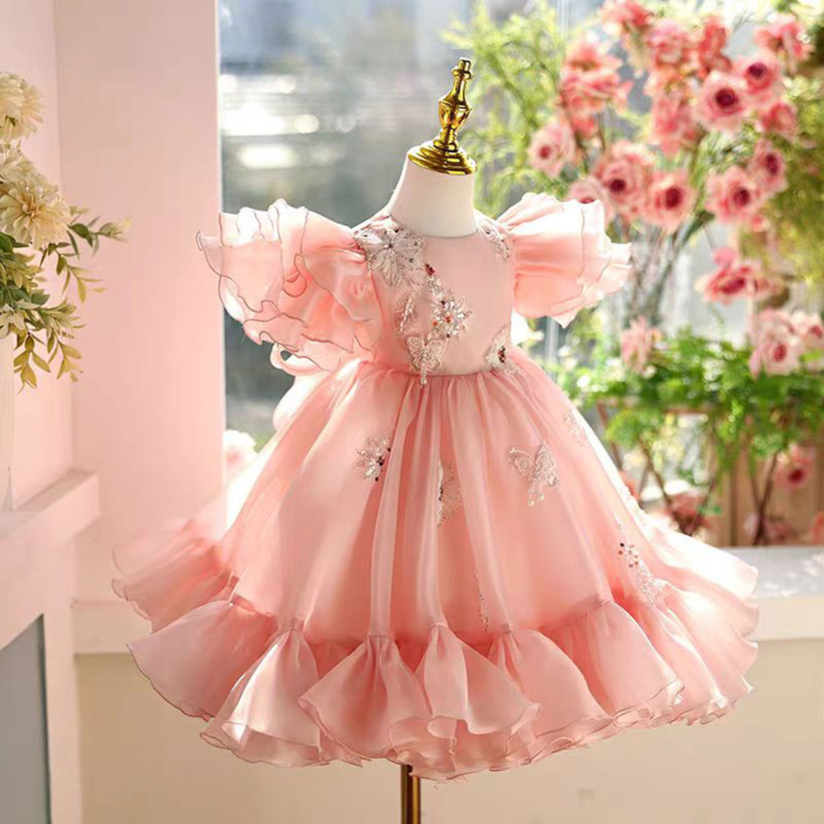 Jill Pink Girl Dress Lace Beads Toddler Kids 1st Birthday Party Gown J448