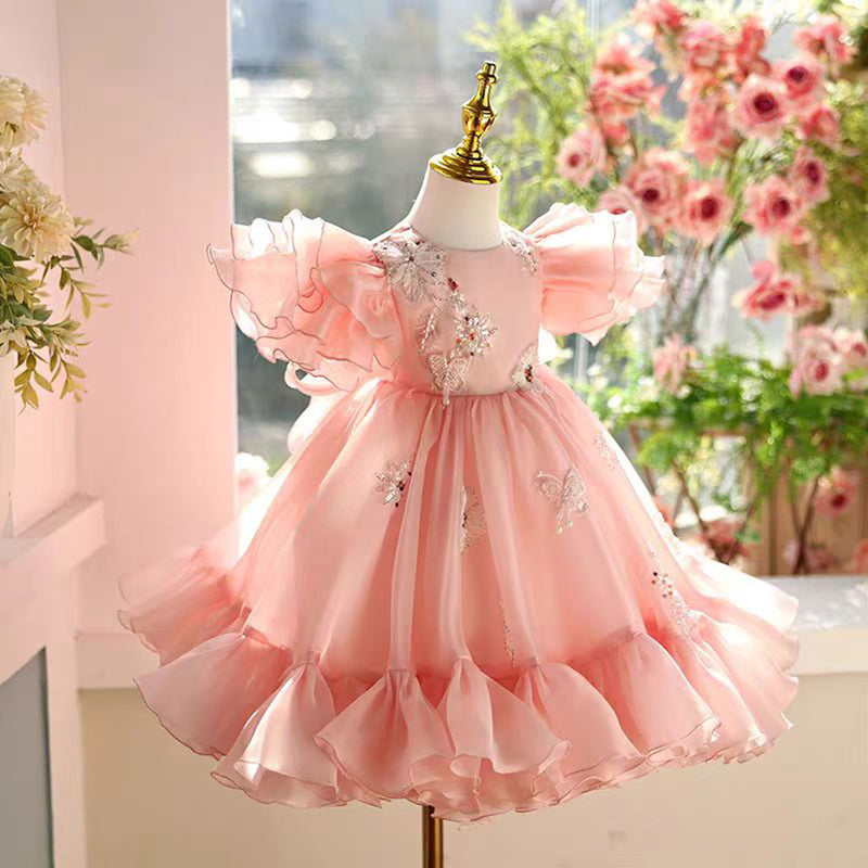 Jill Pink Girl Dress Lace Beads Toddler Kids 1st Birthday Party Gown J448
