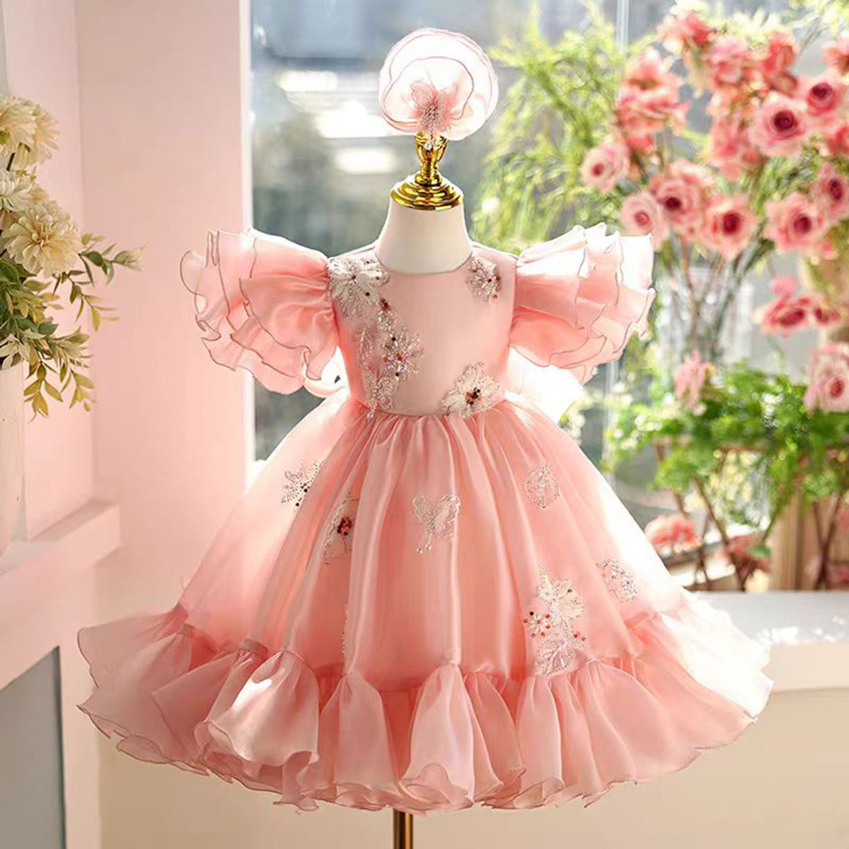 Jill Pink Girl Dress Lace Beads Toddler Kids 1st Birthday Party Gown J448