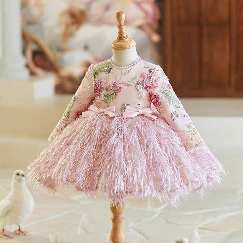Jill Pink Girl Dress Long Sleeve Kids Birthday Party Gown J723
